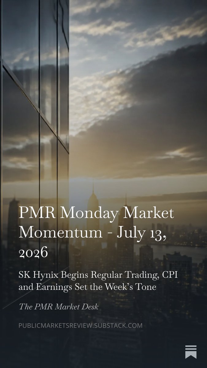 P_M_RGlobal's tweet photo. SK Hynix begins regular-way trading on Nasdaq today as a dense week hits markets.

🇮🇷 Iran tensions → oil above $79/bbl
🇰🇷 KOSPI -9% on chip unwind
🏦 CPI, Warsh testimony, bank earnings
🇮🇳 SBI Funds Management IPO opens
💡 US IPO proceeds $141.2bn YTD (+803%)

PMR Monday Market Momentum - July 13, 2026 https://t.co/kR80DRyrlv