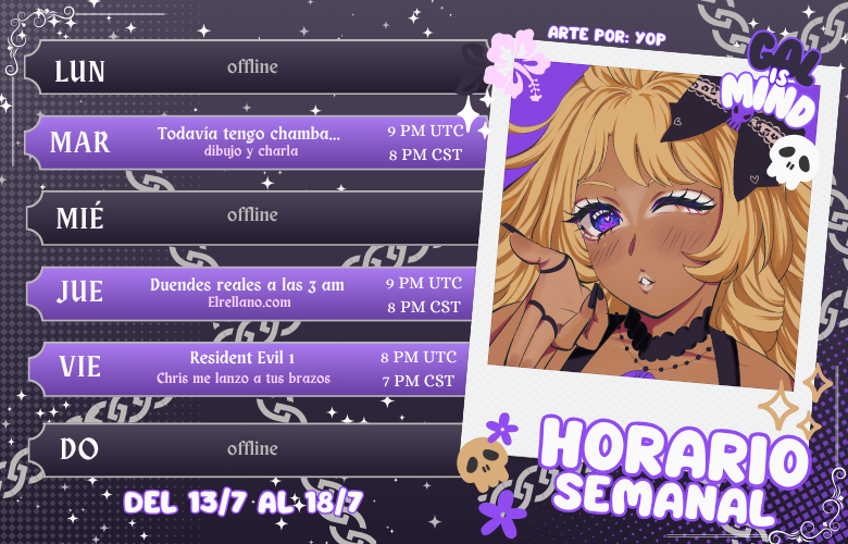 dkay_vtuber's tweet photo. ༒︎ Horario semanal ༒︎
Del 13 al 18 de Julio

Los extraño. Veamos cómo se porta el internet!

XoXo! 👻📸
Sujeto a cambios.
#VtuberES https://t.co/oYBzypbfPW