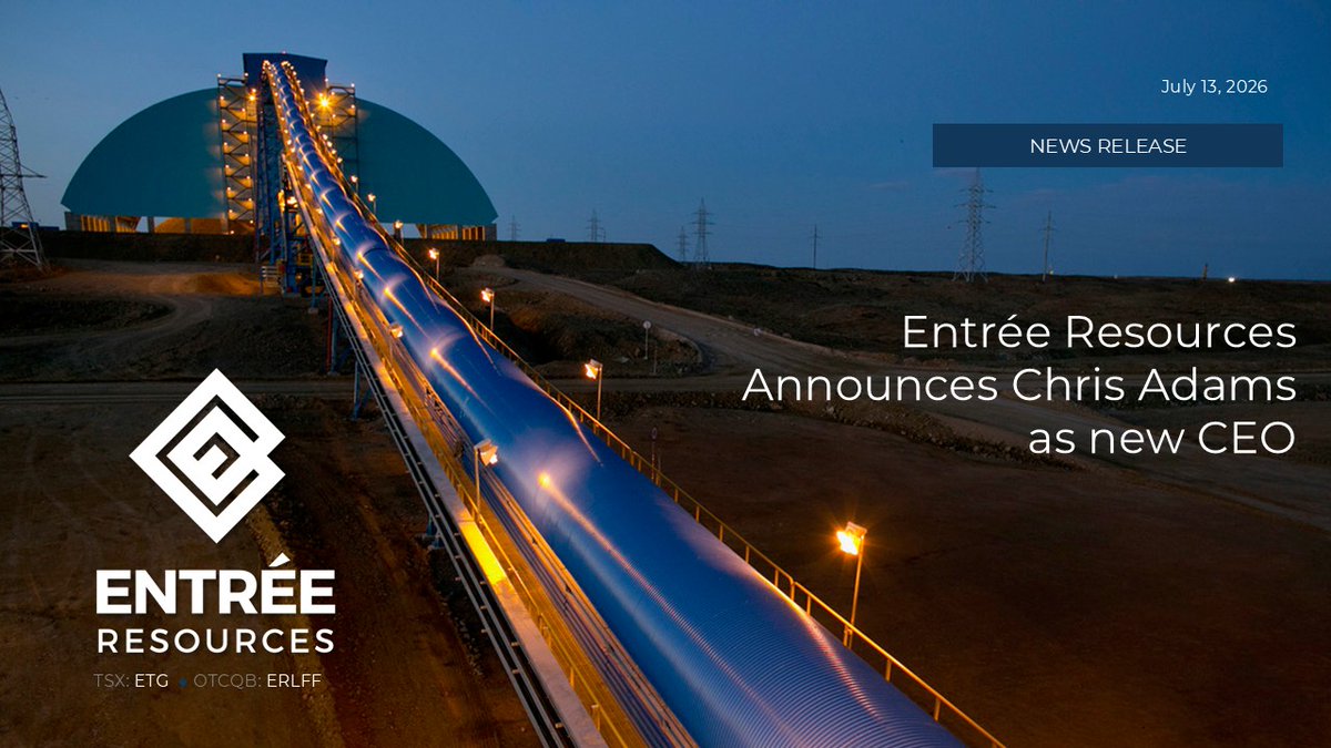 EntreeResource's tweet photo. NEWS - Entree Resources announces Chris Adams as new CEO.
https://t.co/7g888Jr4jI
$ETG.TO  #EntreeResourcesLtd #oyutolgoi https://t.co/gQO5gdr8kC