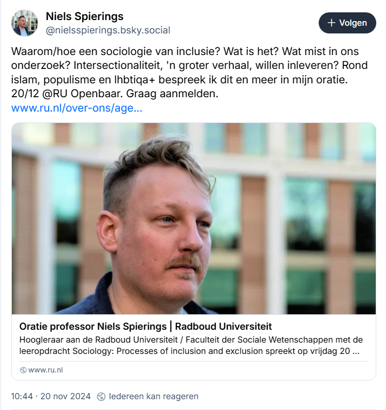 eenblikopdenos's tweet photo. "Waarom/hoe een sociologie van inclusie? Wat is het? Wat mist in ons onderzoek? Intersectionaliteit, 'n groter verhaal, willen inleveren? Rond islam, populisme en lhbtiqa+ bespreek ik dit en meer in mijn oratie." 🙄 3/5 #intersectionaliteit #wokeshit https://t.co/784FW9qvGM