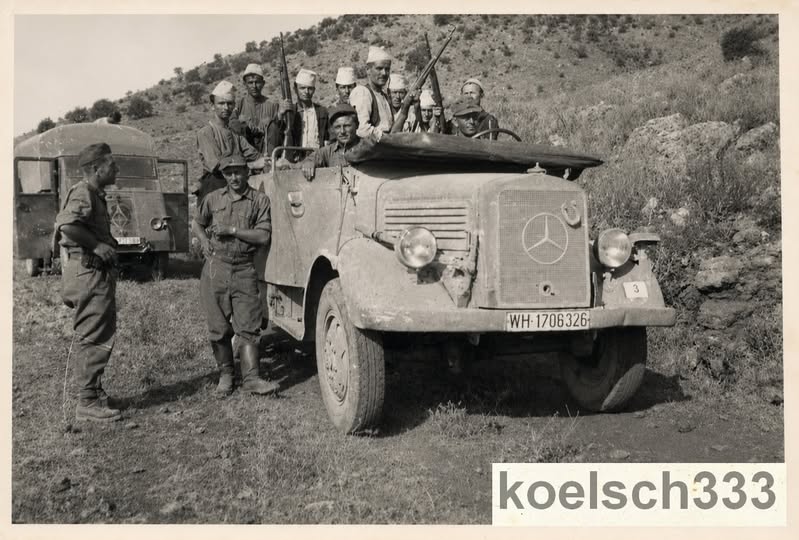 epirusgr's tweet photo. Epirus, Greece, 1944. Armed Albanian Chams are photographed with German soldiers. During the Occupation, the Muslim Chams of Thesprotia collaborated closely with the Axis forces. The EDES (National Democratic Hellenic League) under Napoleon Zervas clashed with them, culminating in the Battle of Menina (present-day Neraida) in August 1944, where both Germans and Chams were neutralized. After the Germans withdrew, the EDES expelled the Chams to Albania because of their crimes.