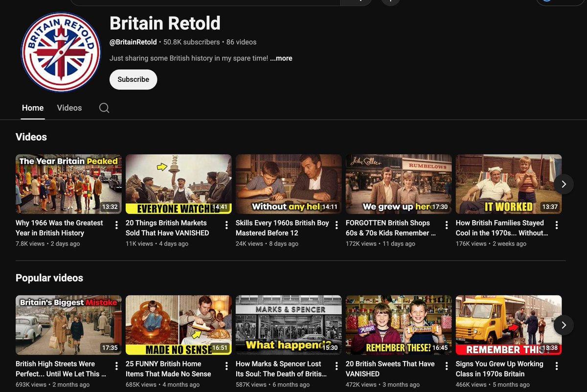 noumanmarketer's tweet photo. Most channels try to look as professional and monetized as possible.

Meanwhile this one's entire description says: "Just sharing some British history in my spare time."

That single line does more trust-building than any logo could, audiences believe hobbyists faster than they believe brands.

Sometimes the smartest positioning move is sounding like you're not positioning at all.

Want to see how "amateur" framing outperforms polished branding? Follow + comment "HOBBY"