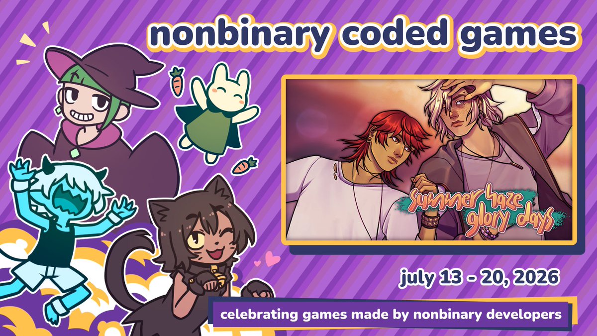 yamharvest's tweet photo. 📢 #NonbinaryCodedGames, a Steam event featuring games made by nonbinary developers, starts today! There are tons of games across all genres participating in the event, so make sure to check it out.

(And if you haven't bought summer haze/glory days yet, it's currently on sale!) https://t.co/Y8ZMvzjEUD