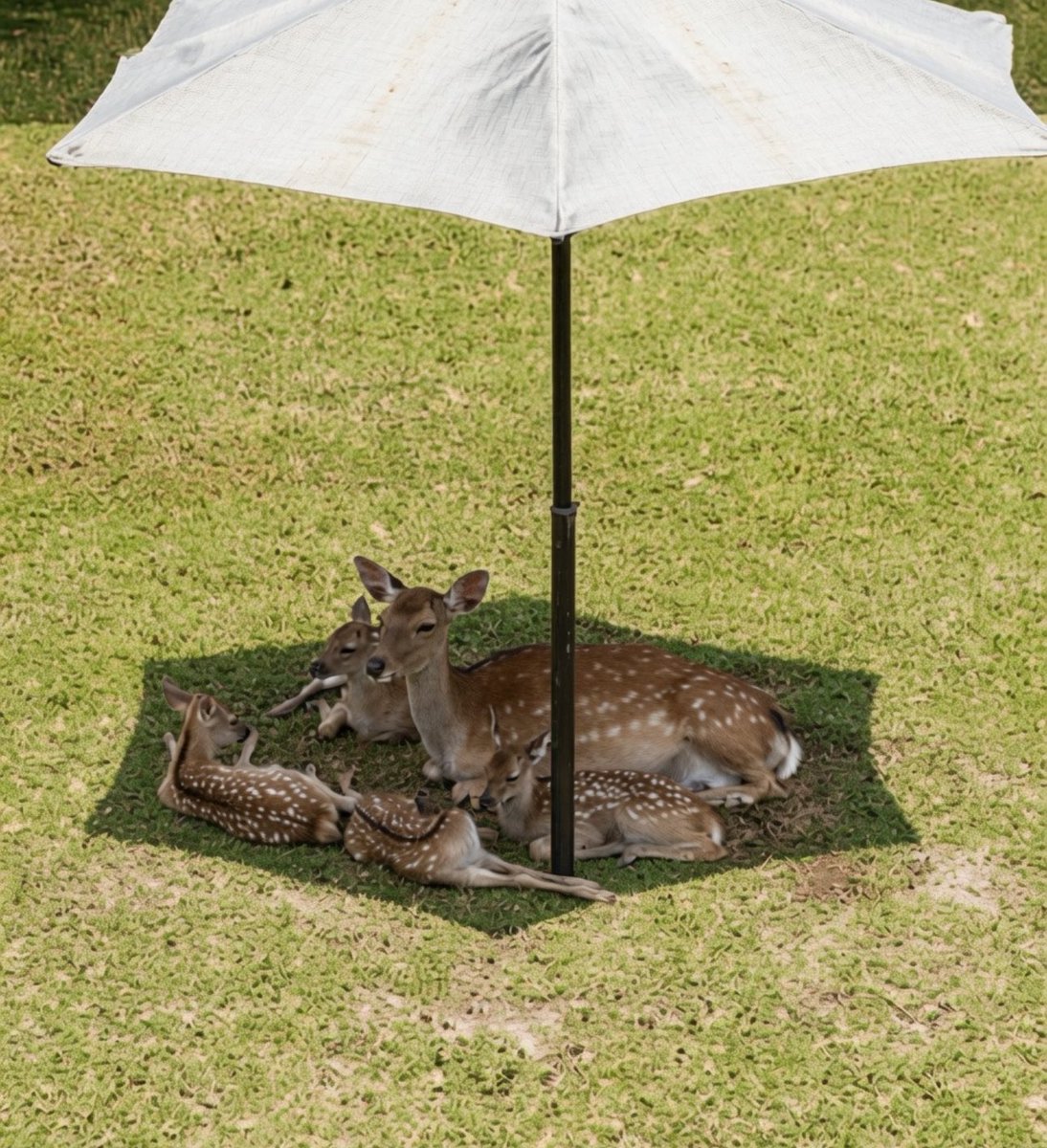 Puppieslover's tweet photo. A deer seen taking shelter under an umbrella on a hot day. A gentle reminder that when wildlife has nowhere else to go for shade, we’ve probably taken too much away from them. https://t.co/Dx2kombHGN