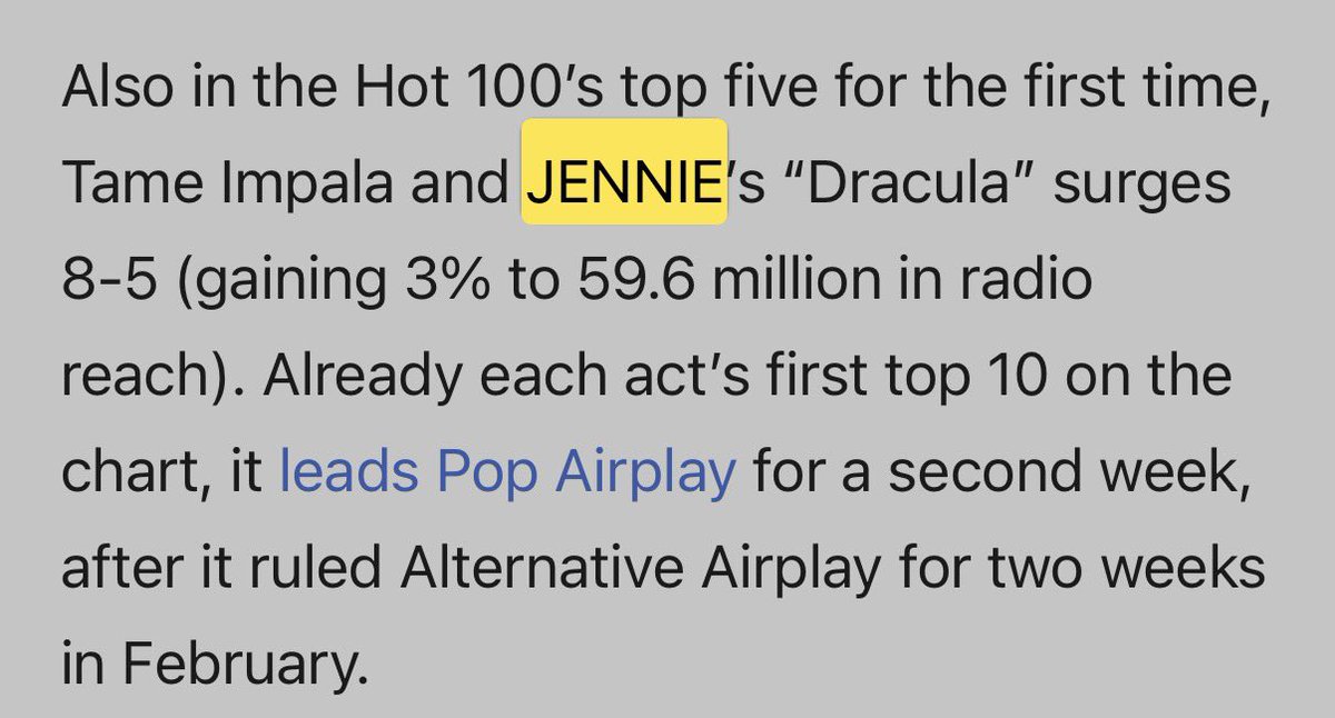 GENIUS9N's tweet photo. Dracula JENNIE Remix by #JENNIE &amp; Tame Impala rises to a new peak of #5 (+3) on the Billboard Hot 100.

It becomes the highest-charting remix by an Asian solo artist in Billboard Hot 100 history. https://t.co/LMJOIVWJ6f