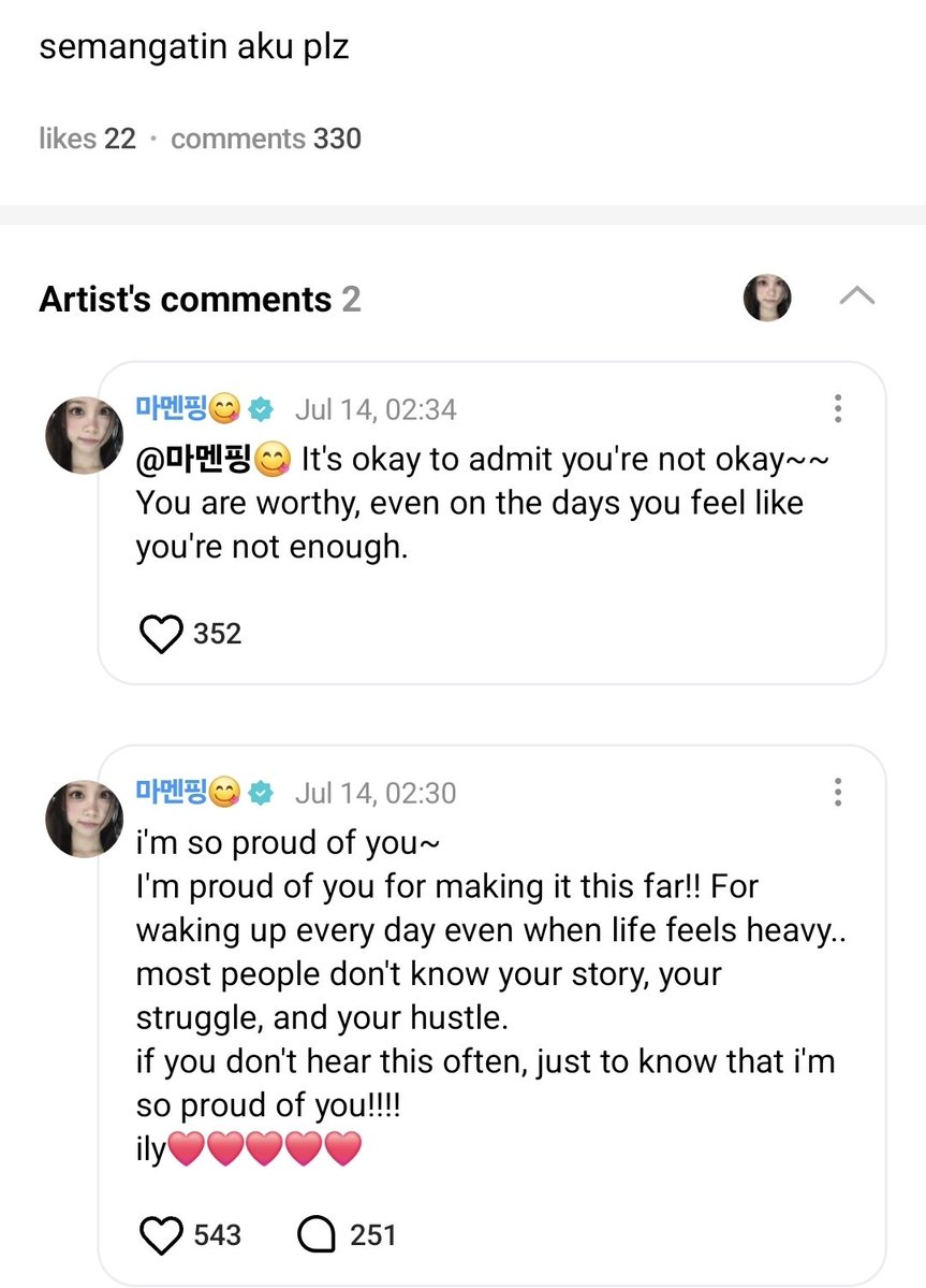 translatingH2H's tweet photo. 💬 Weverse Reply 260714 | #CARMEN
👤: cheer me up plz
🌴: i'm so proud of you~
I'm proud of you for making it this far!! For waking up every day even when life feels heavy.. most people don't know your story, your struggle, and your hustle.
if you don't hear this often, just to know that i'm so proud of you!!!!
ily❤️❤️❤️❤️❤️
🌴: It's okay to admit you're not okay~~
You are worthy, even on the days you feel like you're not enough.
#하츠투하츠 #Hearts2Hearts