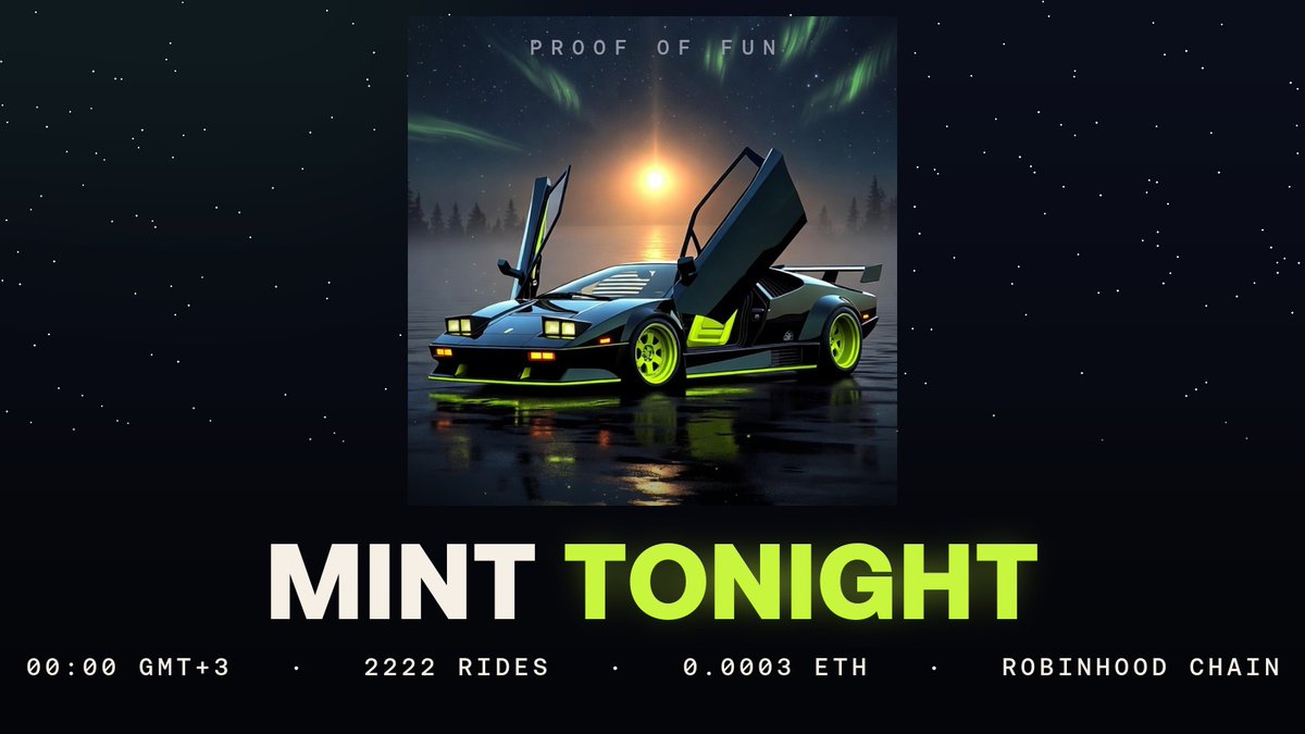 prooffun_nft's tweet photo. the garage opens TONIGHT. midnight GMT+3.

NIGHT DRIVE. 2222 rides, one for every key we dropped. price is basically a rounding error at 0.0003 ETH. fully public, no whitelist, no forms. just pull up.

here's the twist: you mint blind. every ride reveals in 3 days 👀

every driver rides up front for what comes next. play to earn, the token, every drop after this.

you got the key. now own the ride.
🔗 https://t.co/PHsDfYERdU