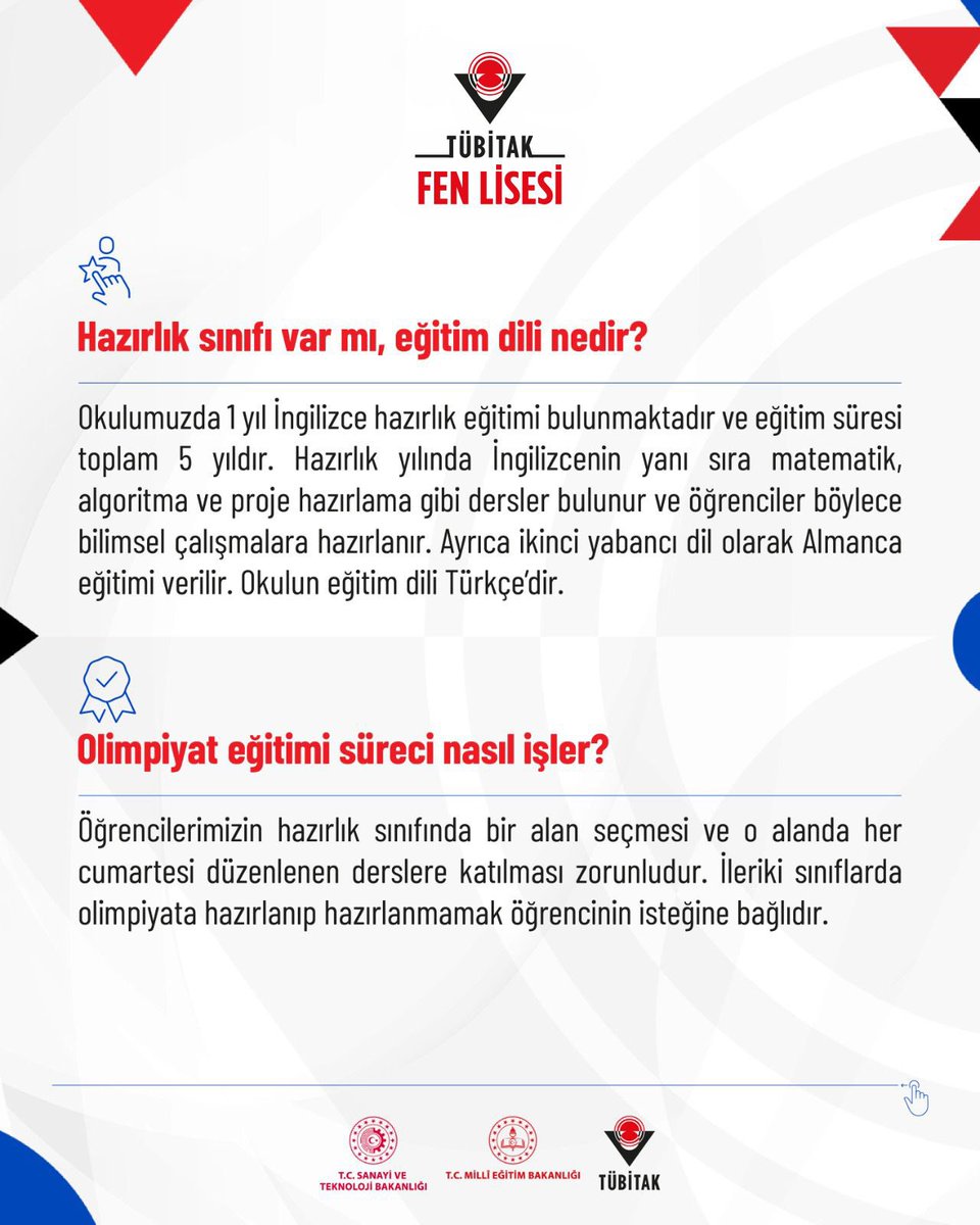 Tubitak_fenlise's tweet photo. TÜBİTAK Fen Lisesi hakkında merak ettiğiniz soruların cevapları burada! 🏫

Başvuru sürecinden eğitim modeline, burs ve yurt imkânlarından akademik olanaklara kadar en sık sorulan soruları sizin için yanıtladık. 🤗

📅 Başvuru tarihleri: 
10-15 Temmuz 2026

📅 Sınav tarihi ve saati: 
18 Temmuz 2026 - 10.00

Detaylar:👇
https://t.co/nE9hZ1YYyE