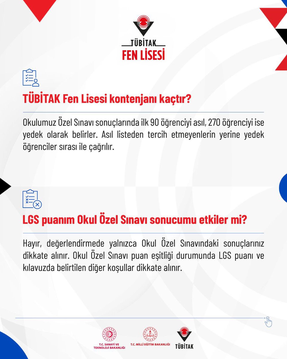 Tubitak_fenlise's tweet photo. TÜBİTAK Fen Lisesi hakkında merak ettiğiniz soruların cevapları burada! 🏫

Başvuru sürecinden eğitim modeline, burs ve yurt imkânlarından akademik olanaklara kadar en sık sorulan soruları sizin için yanıtladık. 🤗

📅 Başvuru tarihleri: 
10-15 Temmuz 2026

📅 Sınav tarihi ve saati: 
18 Temmuz 2026 - 10.00

Detaylar:👇
https://t.co/nE9hZ1YYyE