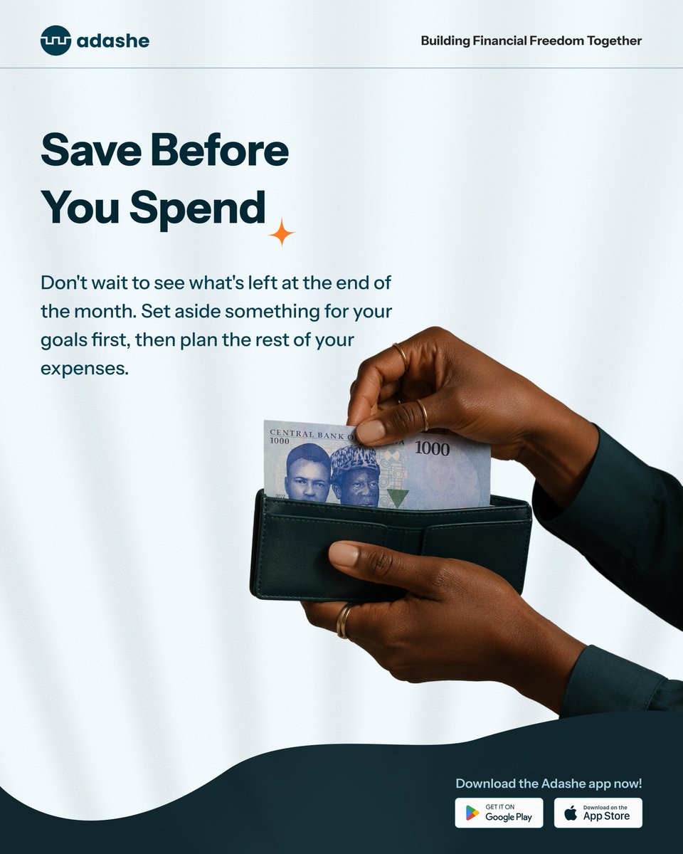 Adashe_net's tweet photo. Saving isn’t always about how much you make, it comes down to the habits you build.

The small financial decisions you make today, shape your tomorrow. Whether you’re saving for a personal goal, your business, or unexpected expenses, consistency is what makes the difference. https://t.co/SwLyhJdXYd