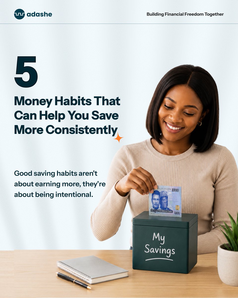 Adashe_net's tweet photo. Saving isn’t always about how much you make, it comes down to the habits you build.

The small financial decisions you make today, shape your tomorrow. Whether you’re saving for a personal goal, your business, or unexpected expenses, consistency is what makes the difference. https://t.co/SwLyhJdXYd