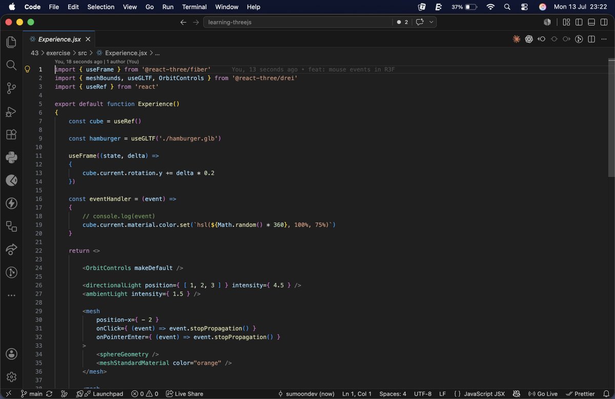 SumoonDev's tweet photo. #LSPPDay43
Today, I
- learned to handle mouse event like click, pointer enter,etc. in R3F
- built interactivity without manual raycasting
- R3F simplified object interaction wrt vanilla 3js
@lftechnology
#60DaysOfLearning2026 #LearningWithLeapfrog
#reactthreefiber #react #threejs https://t.co/7K4MCulEm0