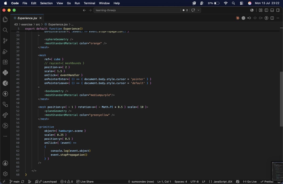 SumoonDev's tweet photo. #LSPPDay43
Today, I
- learned to handle mouse event like click, pointer enter,etc. in R3F
- built interactivity without manual raycasting
- R3F simplified object interaction wrt vanilla 3js
@lftechnology
#60DaysOfLearning2026 #LearningWithLeapfrog
#reactthreefiber #react #threejs https://t.co/7K4MCulEm0