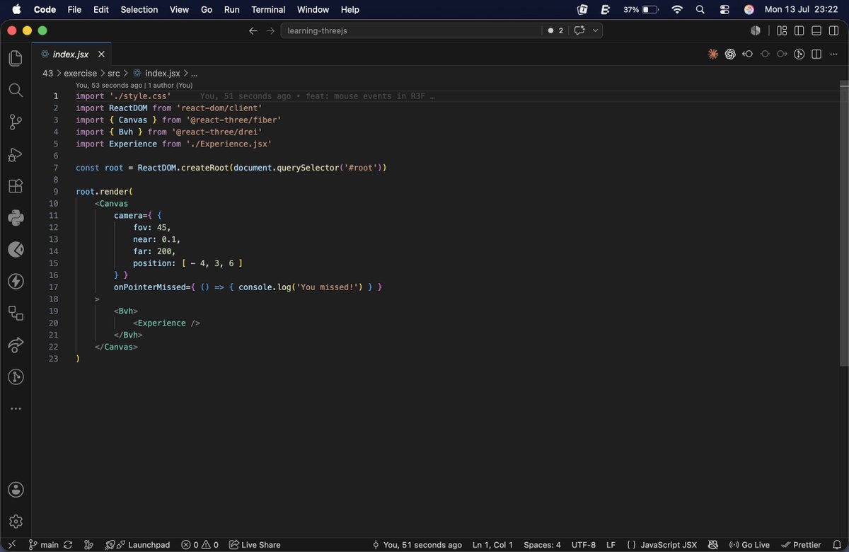 SumoonDev's tweet photo. #LSPPDay43
Today, I
- learned to handle mouse event like click, pointer enter,etc. in R3F
- built interactivity without manual raycasting
- R3F simplified object interaction wrt vanilla 3js
@lftechnology
#60DaysOfLearning2026 #LearningWithLeapfrog
#reactthreefiber #react #threejs https://t.co/7K4MCulEm0