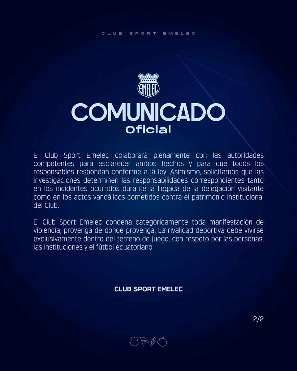 RadioDibluFM's tweet photo. 🚨 ¡COMUNICADO OFICIAL!

📃 Emelec rechazó los hechos de violencia registrados antes del Clásico del Astillero, tanto por el ataque al bus de Barcelona como por los actos vandálicos que afectaron al 🏟️ George Capwell y su infraestructura.

El club anunció que colaborará con las autoridades para esclarecer ambos casos, identificar a los responsables y reiteró su condena a cualquier manifestación de violencia, haciendo un llamado a que la rivalidad se viva con respeto dentro y fuera de la cancha.

#DibluMundialista