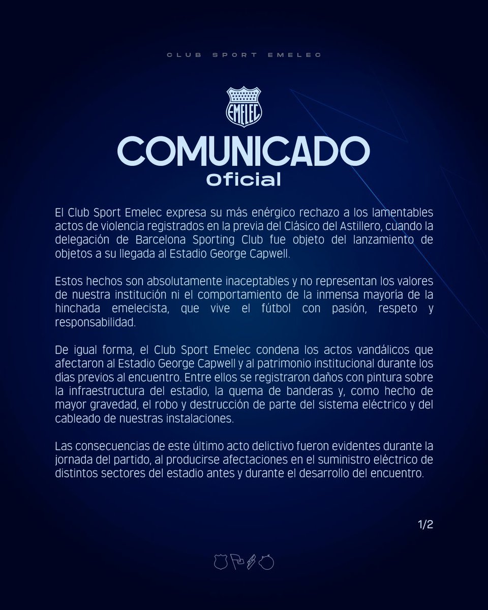 RadioDibluFM's tweet photo. 🚨 ¡COMUNICADO OFICIAL!

📃 Emelec rechazó los hechos de violencia registrados antes del Clásico del Astillero, tanto por el ataque al bus de Barcelona como por los actos vandálicos que afectaron al 🏟️ George Capwell y su infraestructura.

El club anunció que colaborará con las autoridades para esclarecer ambos casos, identificar a los responsables y reiteró su condena a cualquier manifestación de violencia, haciendo un llamado a que la rivalidad se viva con respeto dentro y fuera de la cancha.

#DibluMundialista