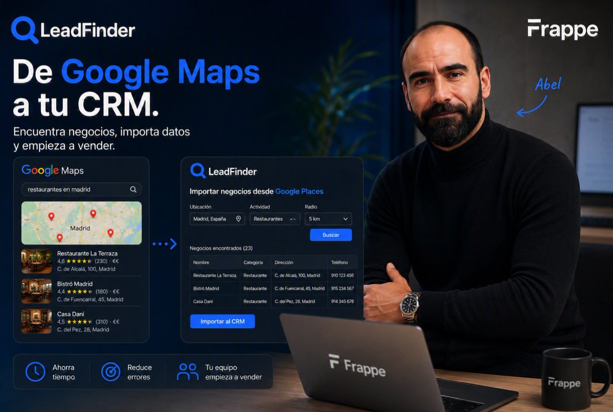 abelramosc's tweet photo. Copiar datos de Google Maps a Excel ya no debería formar parte de un proceso comercial.

LeadFinder consulta la Places API de Google e importa los negocios directamente al CRM.

Menos copiar y pegar.

Más tiempo vendiendo.

¿Quieres ver cómo funciona o recibir más información? Escríbeme por privado.

#Frappe #Automatizacion #TransformacionDigital