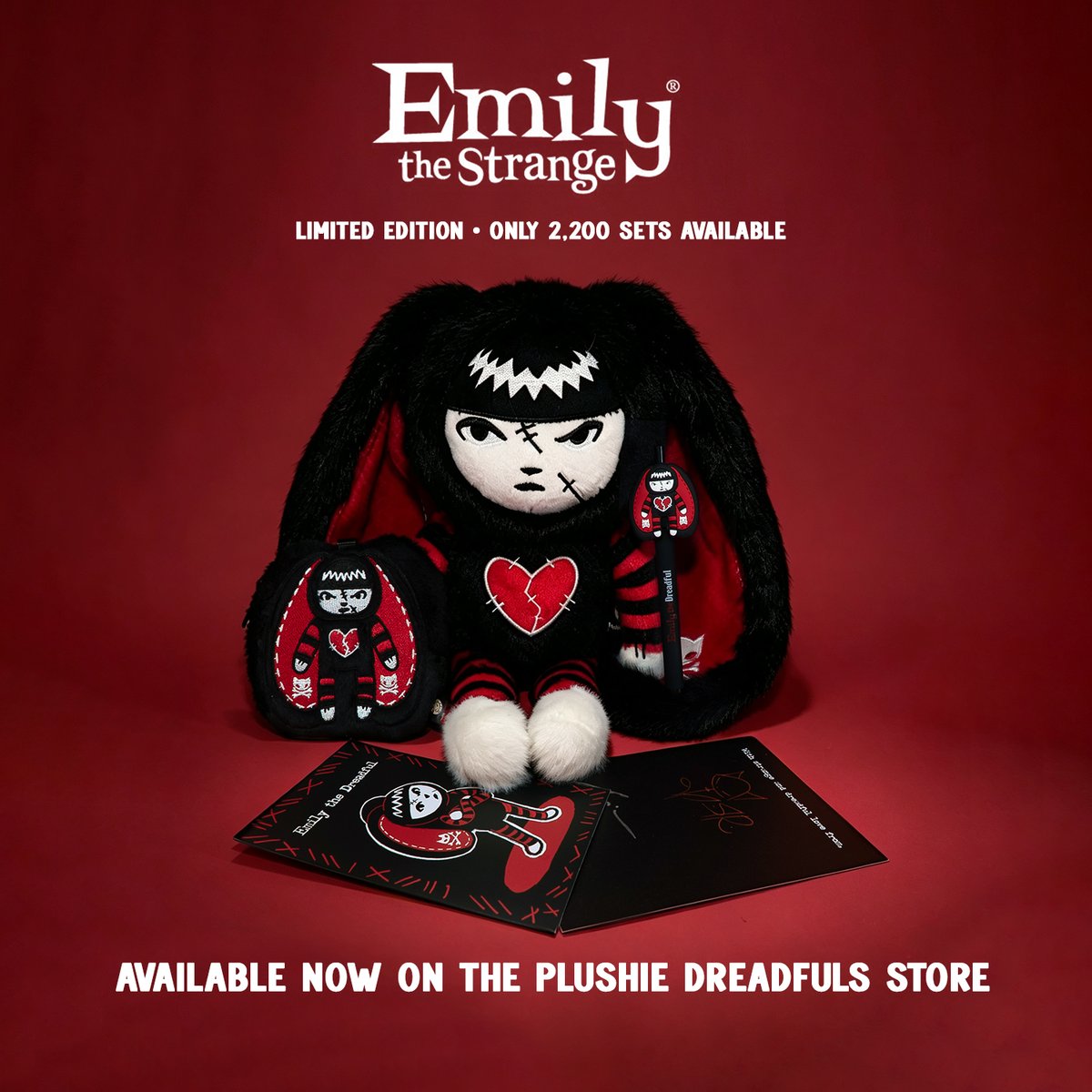 PlushieDreadful's tweet photo. The Emily the Strange × Plushie Dreadfuls collaboration is here!

A one-of-a-kind collectible from the worlds of Rob Reger and American McGee. Limited to 2,200 sets.

Standard Numbered Edition and Collector's Edition are available now on the Plushie Dreadfuls store ⭐️