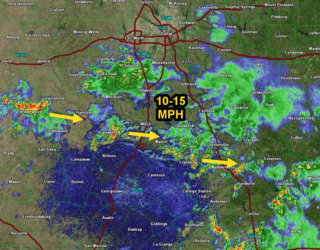 NWSFortWorth's tweet photo. 1240 PM: Scattered storms near and north of an outflow boundary are moving slowly east-southeast, & will be capable of heavy rain along a line from Goldthwaite-Gatesville-Franklin through 2 PM. There are breaks between each storm, but training may still lead to flooding. #ctxwx https://t.co/mNyvUNblCs