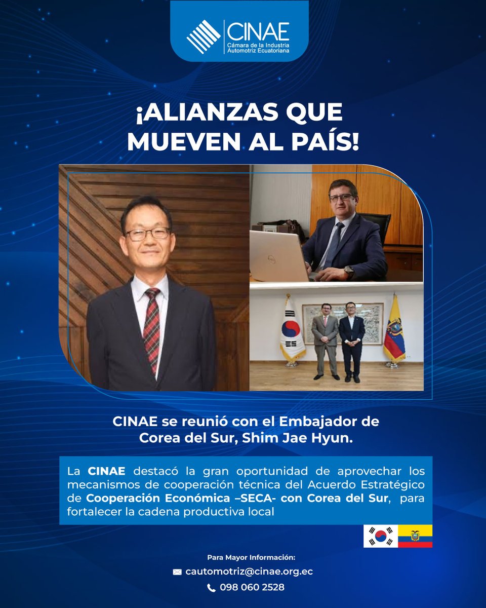 CinaeEc's tweet photo. 🤝🇪🇨 La CINAE continúa fortaleciendo las relaciones internacionales que impulsan el desarrollo del país.
En un encuentro con el Embajador de Corea del Sur, se analizaron oportunidades de cooperación y alianzas estratégicas para fortalecer la industria automotriz ecuatoriana. https://t.co/LDwc77SGq5
