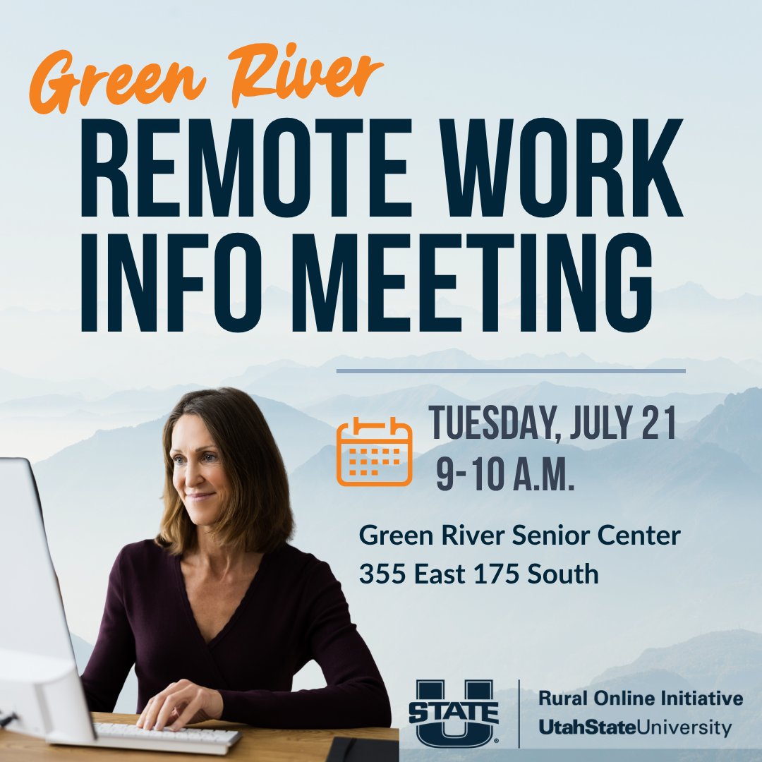 RemoteWorkUSU's tweet photo. Interested in remote work? Join us in Green River to learn how our Remote Work course can help you build in-demand skills and prepare for online jobs. Register now: https://t.co/snqJ8BysID #RemoteWork #RemoteJobs #RuralUtah #CareerGrowth #RemoteWorker #WorkforceDevelopment https://t.co/1HkpHro6Cm