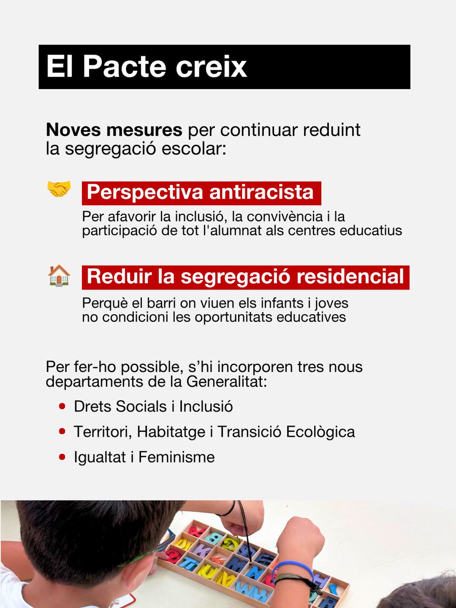 educaciocat's tweet photo. Treballar contra la segregació escolar és primordial per garantir la igualtat d’oportunitats per a l’alumnat. 🤝
 
Per això, el Pacte contra la segregació escolar incorpora noves mesures en: 
🔹Perspectiva antiracista
🔹Reducció de la segregació residencial 
 
Per fer-ho possible s’hi incorporen tres nous departaments de la Generalitat: @dsocialscat; @territoricat i @igualtatcat.