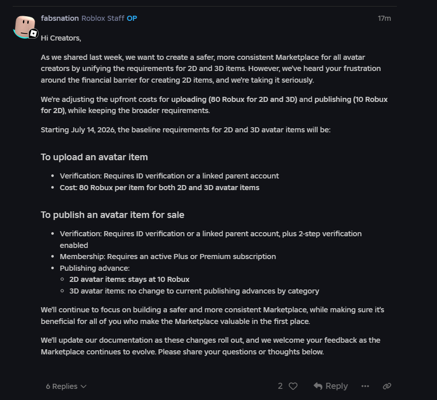 Rolimons's tweet photo. Feedback Works! 

Roblox is adjusting the upfront cost to 90 Robux for classic clothing as well as additional changes to 3d clothing which is a lot more graceful than what they originally planned originally and is a win for both 3d and 2d creators💝