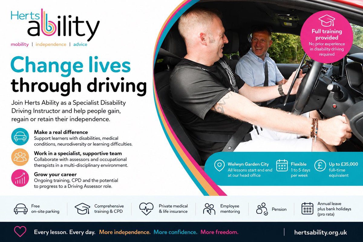 HertsAbility's tweet photo. π Change lives through driving. Join Herts Ability as a Specialist Disability Driving Instructor.
Full details & apply below ‡οΈ
https://t.co/kpJ69pll7Q
#DrivingInstructor #Hiring #HertsAbility #WelwynGardenCity #HertfordshireJobs https://t.co/PHFDY2A6WB