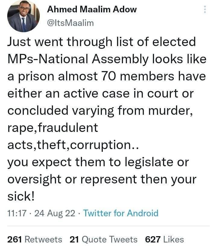 ItsMaalim's tweet photo. #GoonsNation  the Tribal us elected at least 70 MPs with either active or concluded criminal case out of 187 sample of those elected which simple meant 47%. We expected them to lead with integrity, be accountable, legislate but they're doing what they know best "hooliganism" https://t.co/7TvhGfUtMB