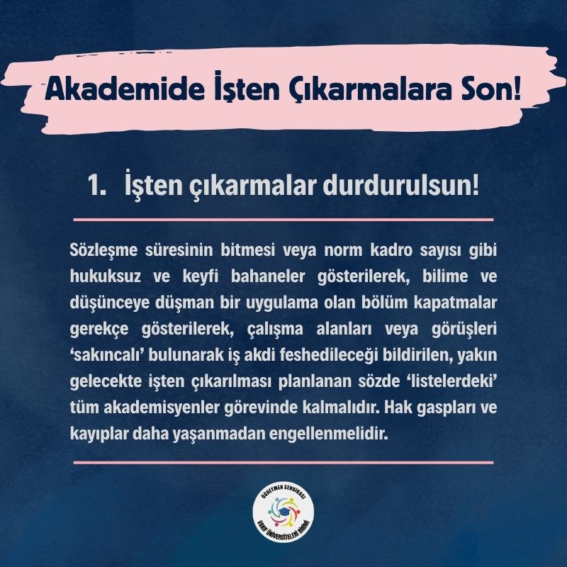 VakifSendika's tweet photo. Vakıf üniversitelerinde mevcut Yükseköğretim hukukuna aykırı keyfi bahanelerle yüzlerce akademisyenin iş güvencelerini gasp eden büyük bir kıyım yaşanıyor. 

Bu saldırıya dur diyor, Milli Eğitim Komisyonu'nun sorunlarımızı gündem etmesini istiyoruz.

#AkademideİştenÇıkarmalaraSon https://t.co/wtIW3ocQGH