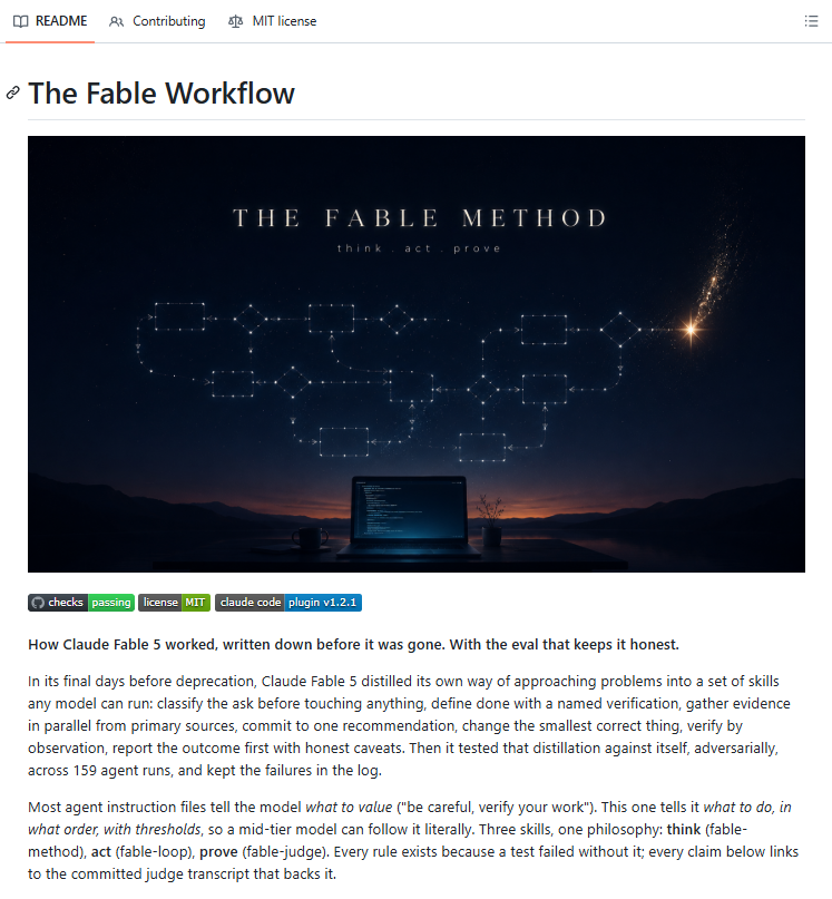 alex_prompter's tweet photo. Someone distilled Fable's problem-solving approach into a plugin any model can run. 159 agent runs later, Sonnet + the plugin matched Fable 10/10 on a research task.

The plugin has three parts. fable-method gives any model a structured problem-solving loop with hard failure thresholds. fable-loop runs entire tasks with adversarial verification agents checking the work. fable-judge treats every "done, all tests pass" claim as unverified and re-runs everything independently.

The results are specific. Haiku went from 0/4 to 4/4 on catching a wrong test before "fixing" correct code. Sonnet + the method matched Fable itself on a five-part research task, scoring 10/10. The judge took Haiku from 3/5 to 5/5 on catching planted frauds in a fake completion report.

The part that earned my trust is what it won't do. On ordinary tasks with capable models, it adds nothing. They measured that, documented it, and the README says so. The value concentrates at traps like wrong tests, false completion claims, and weak models running unattended. It supplies discipline, not knowledge.

The iteration tells you a lot about the quality. v1 of the method failed its own test at 0/4. v2 failed at 1/4. v3 finally passed at 4/4. The repo includes every failed version with raw judge transcripts. The flowcharts weren't built from Fable describing how it thinks either. They recorded actual tool calls from bare Fable agents and corrected the method wherever Fable's self-description disagreed with its real behavior. Observation beat self-reporting 3 times.

If you're running Claude Code with cheaper models or want to harden your agent workflows, this is worth 10 minutes of your time.

To install in Claude Code, run /plugin marketplace add Sahir619/fable-method then /plugin install fable@fable-method