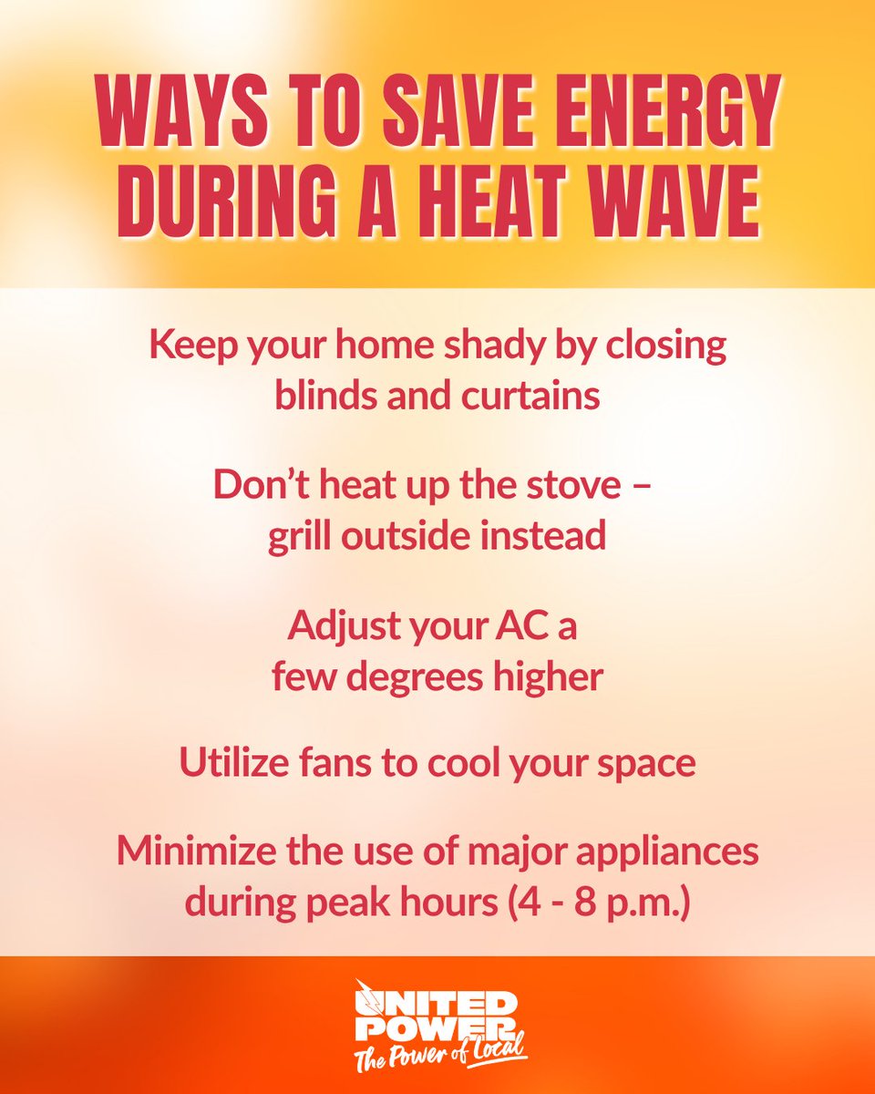 unitedpowercoop's tweet photo. It's going to be a HOT week, and our grid is sure going to feel it. 🥵 Saving energy is critical during heat events as it helps relieve energy load. Bonus: It saves you extra money on your bill, too! Other ways to #BeatthePeak: https://t.co/4syMI5EfnN https://t.co/ech5EoK6qU