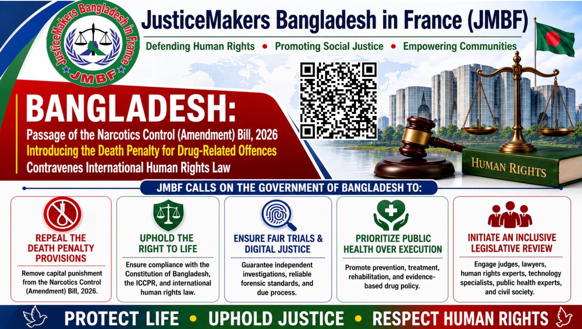 bd_bihr's tweet photo. 🚨 JMBF strongly condemns the passage of Bangladesh's Narcotics Control (Amendment) Bill, 2026, which introduces the #DeathPenalty for online drug-related offences.

This law contravenes international human rights law and violates the right to life.

📲 Scan the QR code. https://t.co/7d1nJJ4QDF