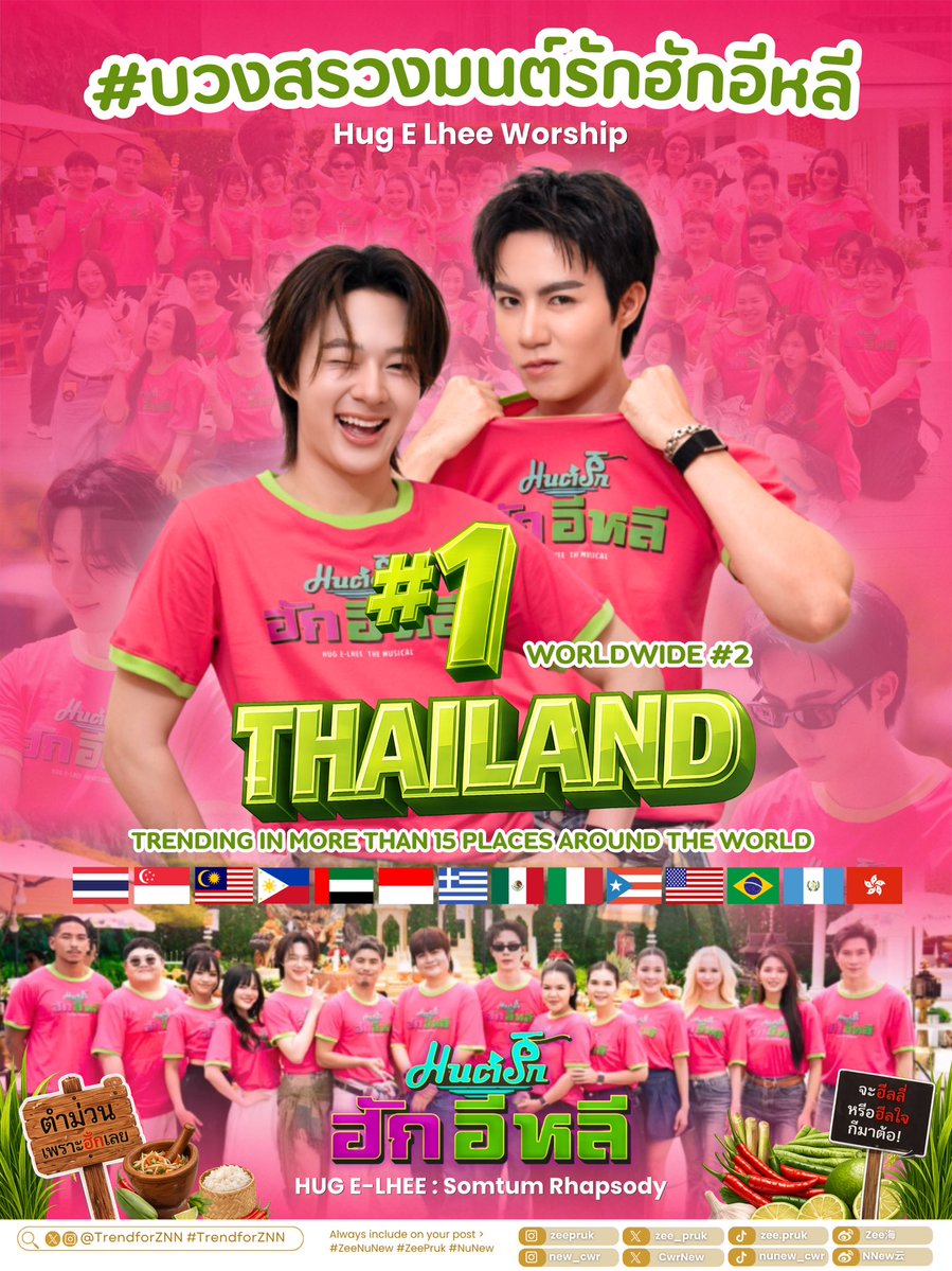 TrendforZNN's tweet photo. พิธีบวงสรวงซีรีส์มนต์รักฮักอีหลี 𝐇𝐔𝐆 𝐄-𝐋𝐇𝐄𝐄 : 𝐒𝐨𝐦𝐭𝐮𝐦 𝐑𝐡𝐚𝐩𝐬𝐨𝐝𝐲

Congratulations to ZeeNuNew and the entire cast and crew of HUG E-LHEE: Somtum Rhapsody! 🎉✨

𝐓𝐫𝐞𝐧𝐝𝐢𝐧𝐠 𝐍𝐨.𝟏 𝐢𝐧 𝐓𝐡𝐚𝐢𝐥𝐚𝐧𝐝 🇹🇭 𝐚𝐧𝐝 𝐍𝐨.𝟐 𝐖𝐨𝐫𝐥𝐰𝐢𝐝𝐞 🌎
Trending in more than 𝟏𝟓 places around the world! 
🇹🇭🇲🇾🇸🇬🇵🇭🇲🇽🇮🇩🇭🇰🇵🇷🇺🇸🇧🇷🇬🇹🇨🇭🇦🇪🇮🇹🇬🇷

The overwhelming love and support this series has already received, even before filming begins, is truly incredible. As we celebrate today's worship ceremony, we sincerely wish for a smooth and successful production journey. May every filming day be safe, joyful, and filled with positive energy. We hope the series is blessed with good fortune, amazing memories, and great success from start to finish.

We can't wait to meet everyone and witness this beautiful story come to life. Here's to an unforgettable journey for HUG E-LHEE! 🍃🌶️🧺

Hug E Lhee Worship
#บวงสรวงมนต์รักฮักอีหลี

#มนต์รักฮักอีหลี
#HUGELHEETheSeries
#ZeeNuNew 
@zee_pruk @CwrNew

@osannnnnnn 
@GoodMemoriesDMD 
@HUGELHEESeries
