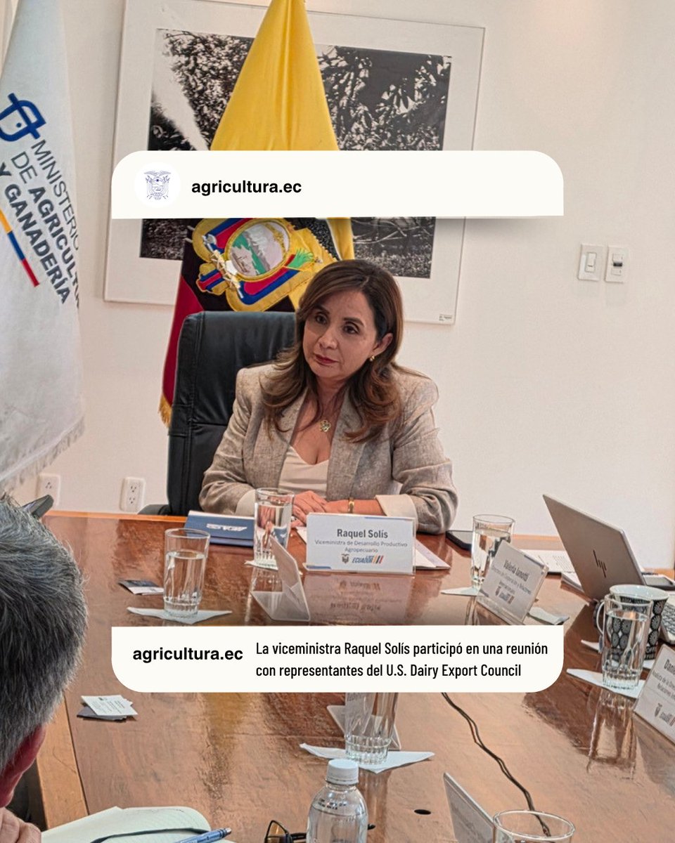 AgriculturaEc's tweet photo. La viceministra de Desarrollo Productivo Agropecuario, Raquel Solís, participó en una reunión con representantes del U.S. Dairy Export Council, donde se analizaron oportunidades de cooperación para el sector lácteo ecuatoriano.

Durante el encuentro se abordaron iniciativas orientadas a impulsar la innovación, la transferencia tecnológica, la asistencia técnica y el intercambio de buenas prácticas, con el objetivo de contribuir al desarrollo de una producción más competitiva y sostenible.

#GobiernoDelEcuador #MAGP