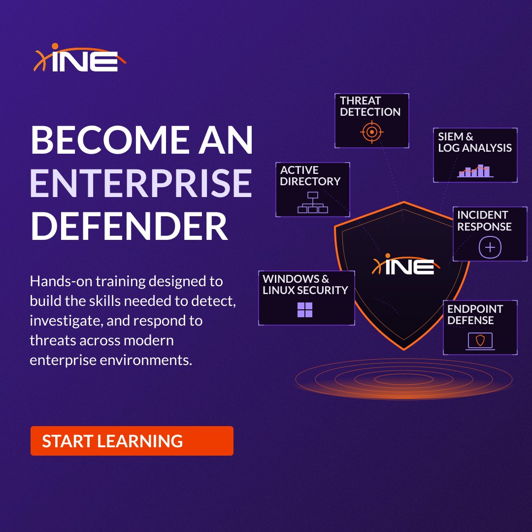 ine's tweet photo. Enterprise security isn't one skill. It's connecting signals, investigating threats, and defending complex environments.

The Enterprise Defense Administrator Learning Path prepares you for real-world defense and the eEDA certification.

Start learning: ➡️ https://t.co/8vxwtmyrfT https://t.co/7uW2o9w0TA