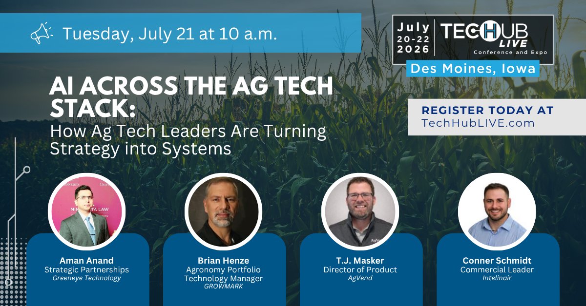 Intelinair's tweet photo. 1 week out. Intelinair is at Tech Hub Live 2026, 7/20–22 at the Iowa Events Center.
Visit us at Exhibit #316 for a live demo of our AI Agent and a look at how AGMRI informs decisions all season long.

Register: https://t.co/nfnVWCvc1n
 #TechHubLIVE #AgTech #PrecisionAg #THL https://t.co/vrNnrn6W2S