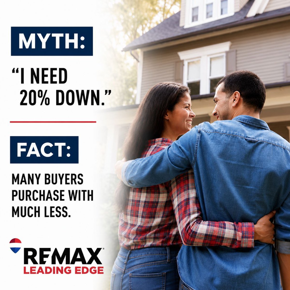 REMAXLEMD's tweet photo. MYTH:
"I need 20% down."

FACT:
Many buyers purchase with much less.

One of the biggest myths keeping buyers from owning a home is believing they need a huge down payment.

Have questions? Let's talk about your options. 410-721-9600

#HomeBuyingMyths #FirstTimeHomeBuyer https://t.co/CvzwaiKzyB