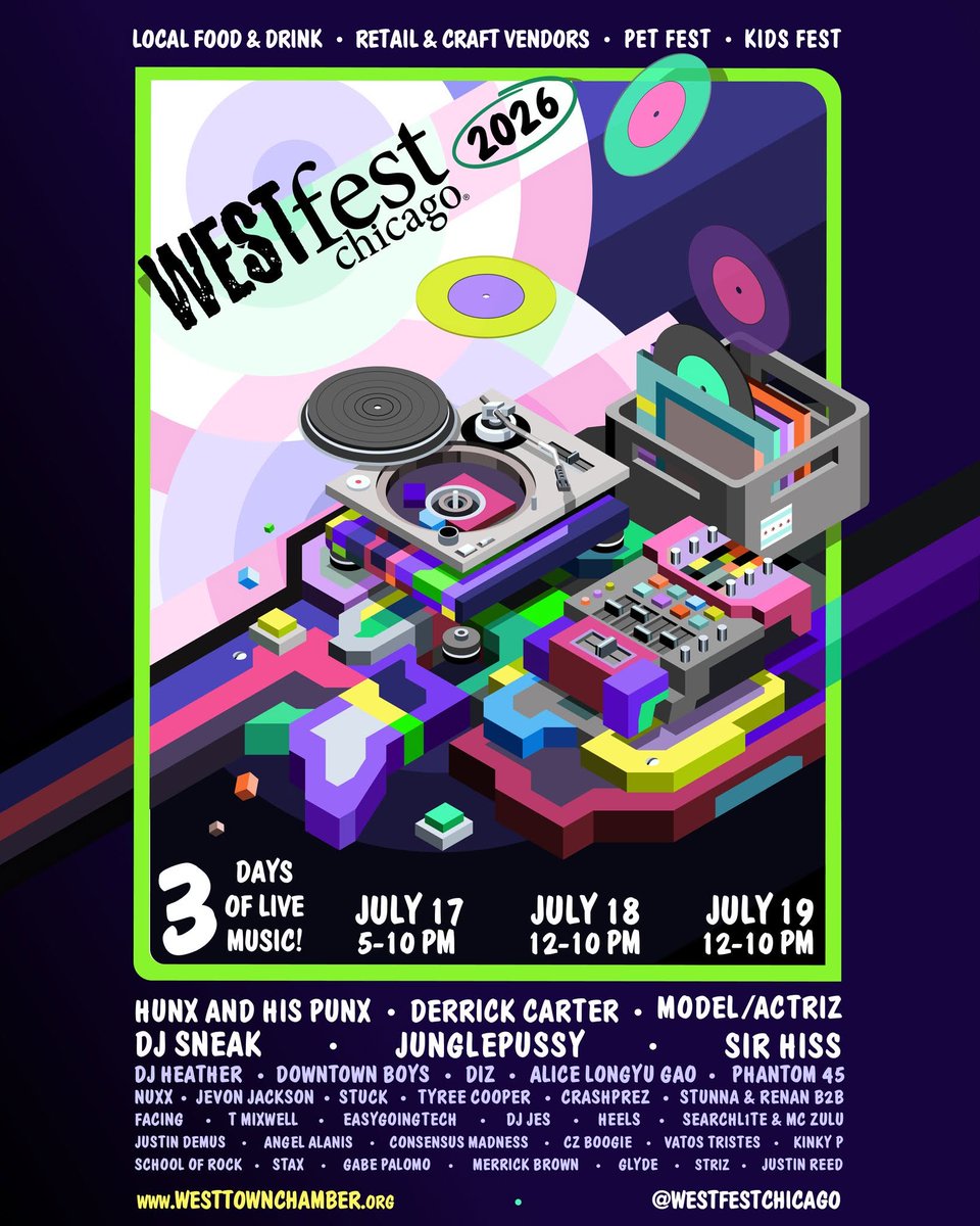 tumanstap's tweet photo. #WestFestChicago is July 17-19! Headliners on the East Stage include #Junglepussy, #Model/Actriz and #HunxandHisPunx, and the DJ lineup features #SirHiss, #Sneak, and crowd-favorite #DerrickCarter for the headline sets. Stop by Tuman's before or after the fest! #summertimechi https://t.co/xE8Ibttj36
