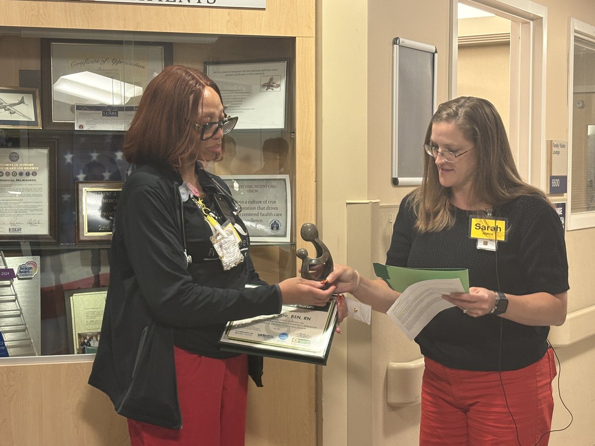 milwaukeeva's tweet photo. Congratulations to Judith Olapo, a registered nurse with the Milwaukee VA's Progressive Care Unit, on receiving the DAISY Award in recognition of her exemplary clinical judgement, attention to detail, and unwavering dedication to Veteran-centered care! 🎉

Judith was nominated for her actions while providing overnight care for a Veteran. She identified a symptom that had not yet been detected by treating providers, reviewed the Veteran's medical history noting a significant and relevant previous diagnosis, and raised her concerns. Her observations triggered an immediate diagnostic workup, ultimately revealing a significant abscess.

From the nomination, "Judith's dedication directly changed - and likely saved - the life of this Veteran. She is a shining example of VA I CARE values in action, and a nurse truly deserving of the DAISY Award."
