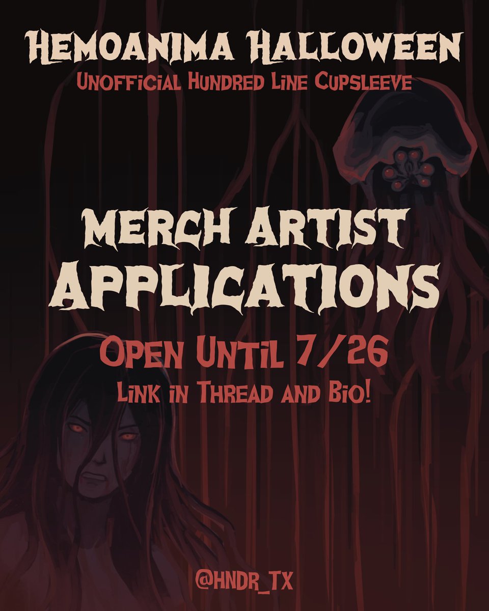 hndr_tx's tweet photo. Applications for merch artists are now open! If you want to contribute art for Hemoanima Halloween’s merch bundle, apply by 7/26! More info and link below: https://t.co/2q9T32yng3