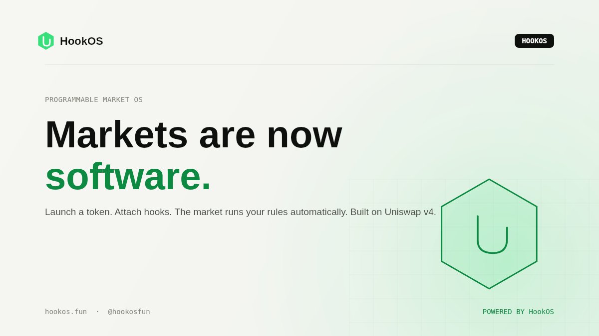 hookosfun's tweet photo. HookOS: the programmable market operating system.

Not a launchpad. Not a token factory. An OS where markets are software — launch a token, attach hooks, and the market runs your rules automatically.

Built on Uniswap v4. 🧵 https://t.co/jPVUiYM52l