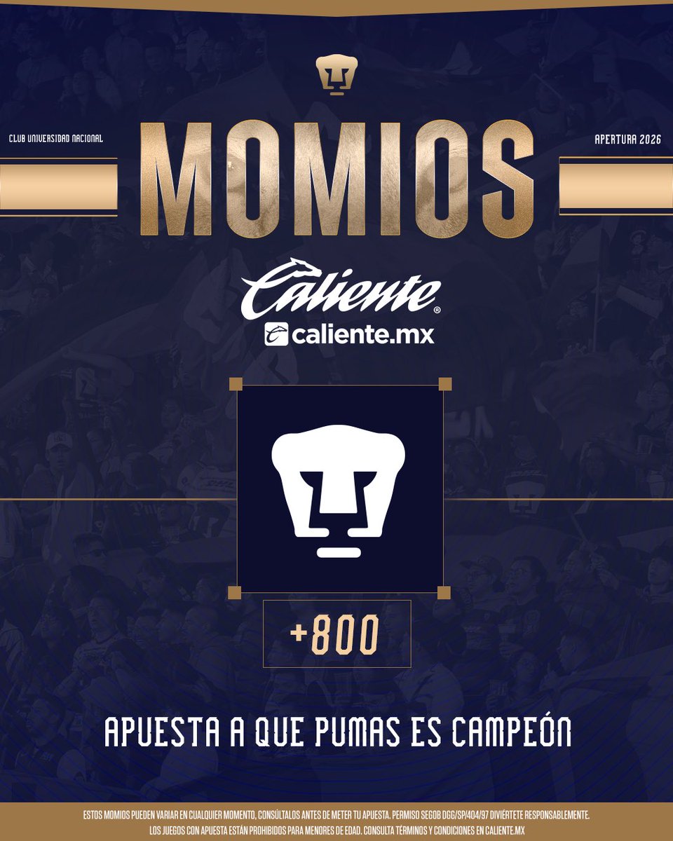 PumasMX's tweet photo. Llegaron los momios de campeón de @calientesports del Apertura 2026 🐾
¡Regístrate ahora en https://t.co/3YmrLqllcz y recibe $1000 🤑 de regalo para tu primera apuesta por nuestros Pumas!

📲https://t.co/u7DyF4BVFm

#MásAcciónMásDiversión  🔥 https://t.co/tN5cDf7FHa