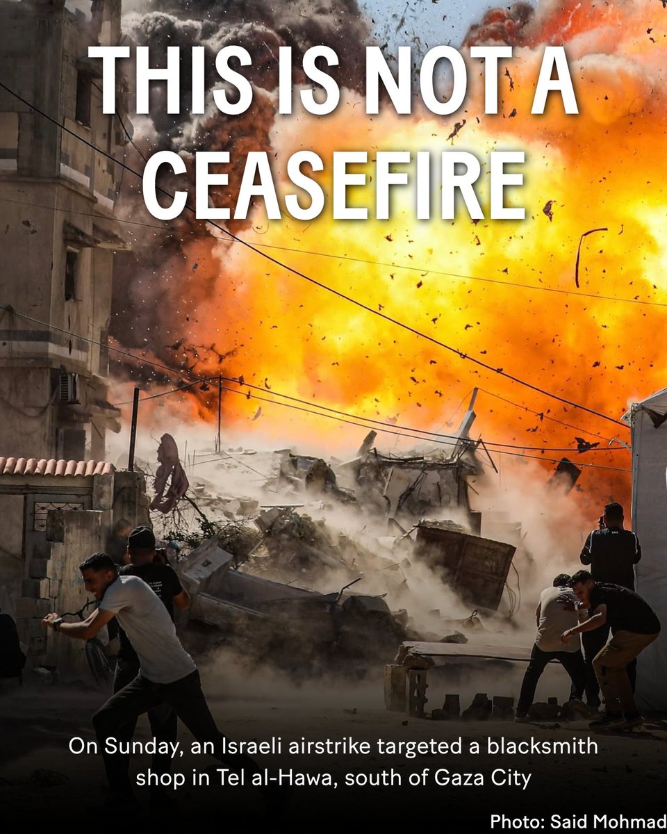 jvplive's tweet photo. This is not a ceasefire. While the Israeli military continues to occupy 80% of Gaza, it is killing Palestinians through airstrikes, bombings, drone and crane attacks, severe restrictions on humanitarian aid, and the targeting of aid workers. 

It is counting on people to look the other way while they enact these atrocities but we will continue to center Palestinian lives and demand accountability.