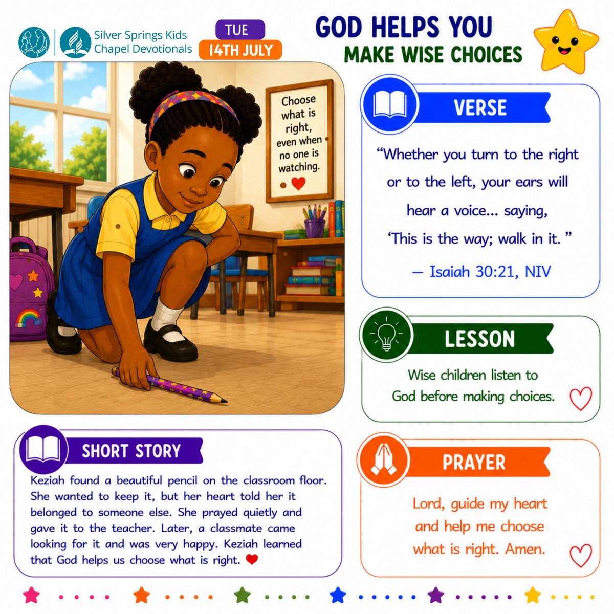 sdasilverspring's tweet photo. 🌻 Kids Devotional || God Helps You Make Wise Choices 
“Whether you turn to the right or to the left, your ears will hear a voice… saying, ‘This is the way; walk in it.’” (Isaiah 30:21)

#kidsdevotionals https://t.co/yIL6KlLqTi