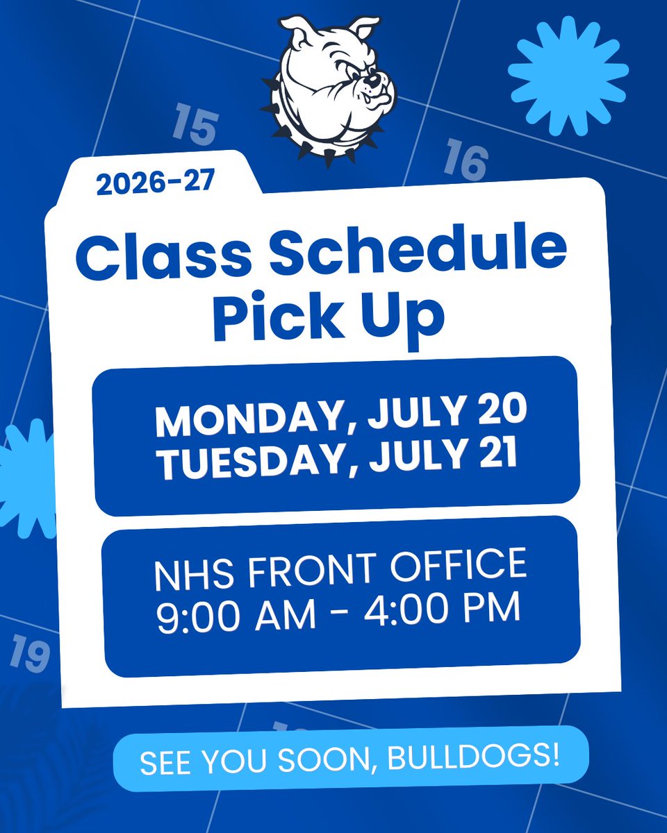 Newberry_HS's tweet photo. ⏰2026–27 Class Schedule Pick Up

MONDAY, JULY 20
TUESDAY, JULY 21

NHS FRONT OFFICE
9:00 AM – 4:00 PM

SEE YOU SOON, BULLDOGS!

#BulldogBuilt #IamNHS https://t.co/OsQwFuv3ny