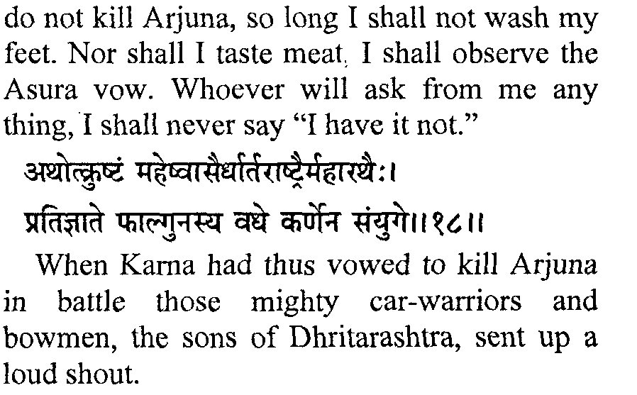 Just__SP's tweet photo. Reason behind Karna's charity

This is when Karna takes Asuri(Asura) vow  to destroy Arjun
Till he keells Arjuna Karna :
1. He will never wash his feet.
2. Taste Meat
3. To whoever asks DANA(charity), I will not say NO.

So that CHARITY was part ofvow to KILL Arjuna there is nothing NOBLE about it.

Credits: @DarkNghtUvacha