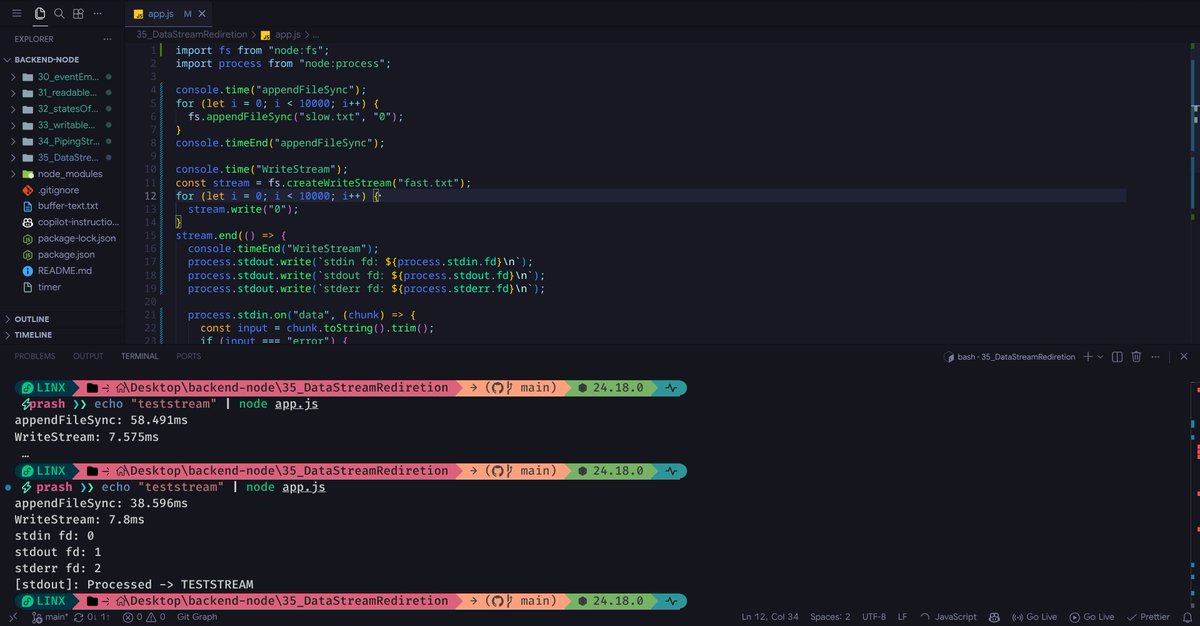 ITx_prash's tweet photo. #LSPPDay43
node datastreams: stdin(0), stdout(1), stderr(2), bash piping/redirection. also comparing writestream &amp; appendfilesync to see how reducing open/close syscalls between user &amp; kernel space boosts performance.
@lftechnology
#60DaysOfLearning2026 #LearningWithLeapfrog https://t.co/5uJcfejplp