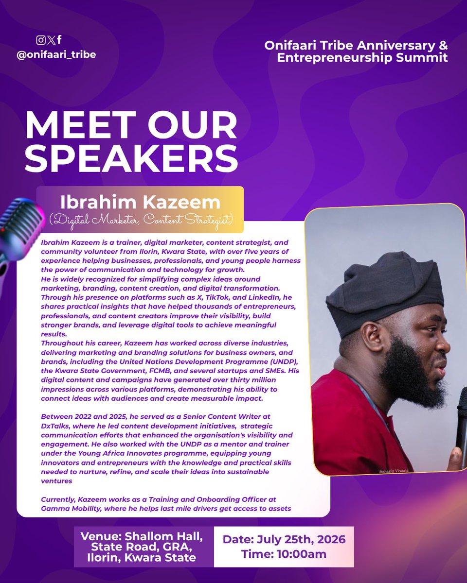 onifaari_tribe's tweet photo. Speaker Spotlight ✨

Meet Ibrahim Kazeem, a digital marketer, content strategist, trainer, and branding expert passionate about helping people and businesses grow through communication and technology

With experience working with organizations like UNDP,…

1/2 https://t.co/pHPco5XlKB