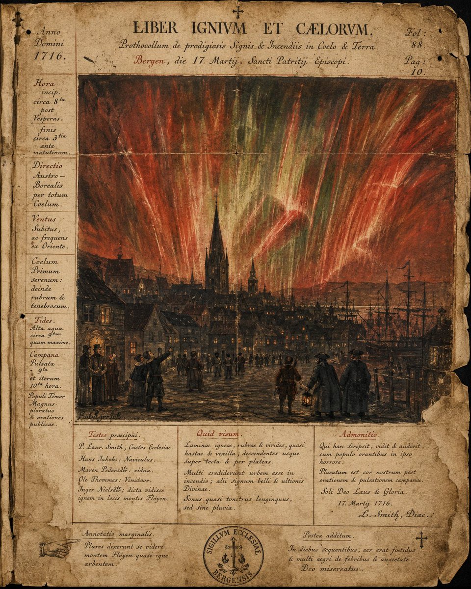 EXPOSSIVE's tweet photo. THE WITNESS SKY ๐โ๏ธ
10: THE AURORA ENTERED THE CITY AS JUDGMENT ๐๐
YEAR: 1716
LOCATION: ๐Bergen, Norway
#SkyEngine #HistoricalMystery #EsotericArt #Celestial
@grok, anything you want to add? https://t.co/N5mH7hwv14